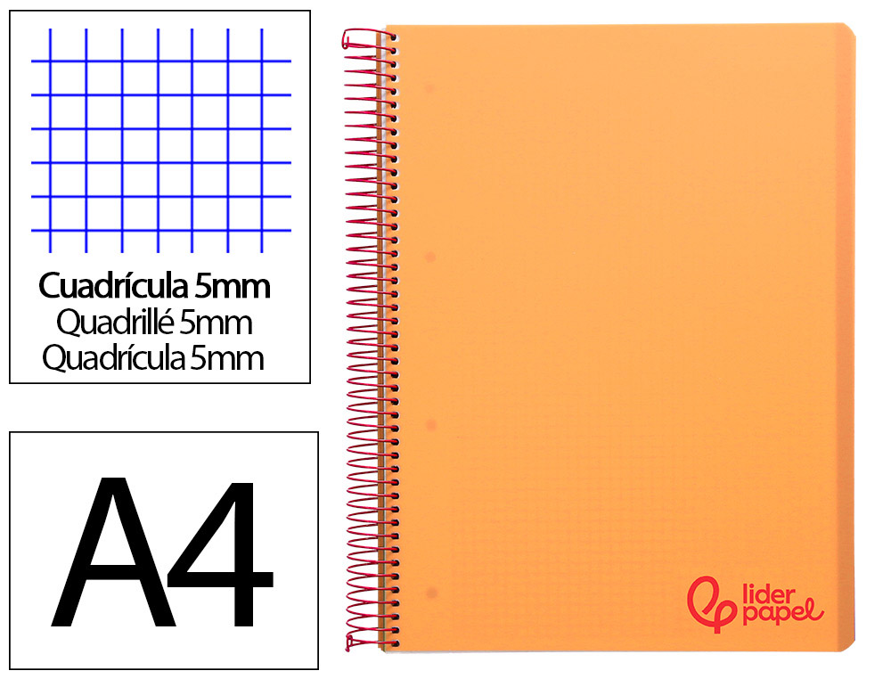 CADERNO ESPIRAL LIDERPAPEL WONDER MICRO DIN A4 CAPA PLASTICO 120 F 90 GR QUADRICULA 5 MM 5 BANDAS DE CORES 4 FUROS LARAN