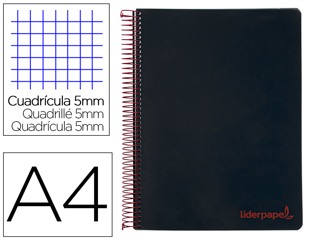 CADERNO ESPIRAL LIDERPAPEL WONDER MICRO DIN A4 CAPA PLASTICO 120 F 90 GR QUADRICULA 5 MM 5 BANDAS DE CORES 4 FUROS PRETO