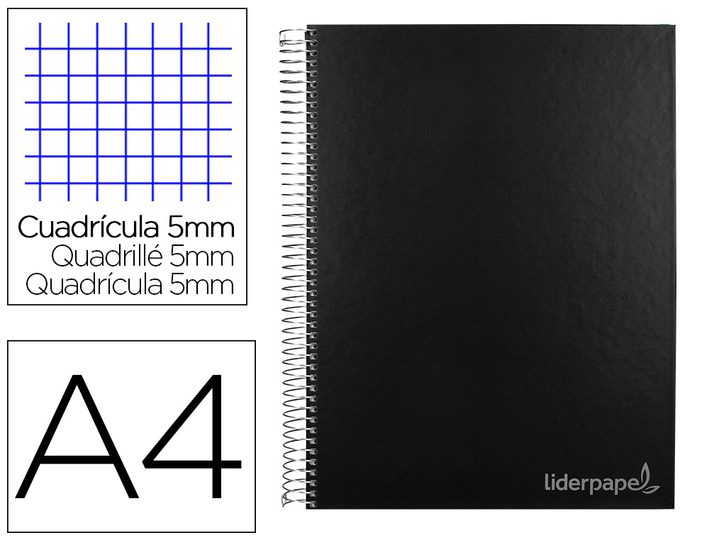 CADERNO ESPIRAL LIDERPAPEL JOLLY MICRO DIN A4 CAPA FORRADA 140 F 75 GR QUADRICULA 5MM 5 BANDAS DE CORES 4 FUROS COR PRET