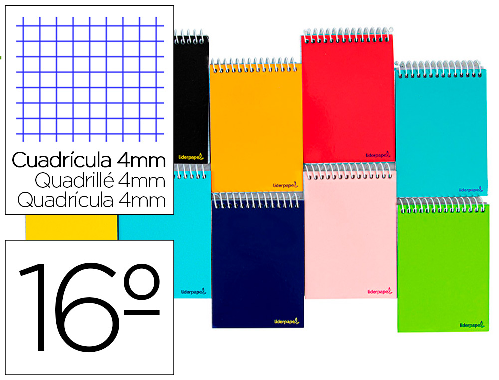 CADERNO ESPIRAL LIDERPAPEL BOLSO 16 AO BAIXO SMART CAPA SUAVE 80 F 60GR QUADRICULA 4MM CORES SORTIDAS