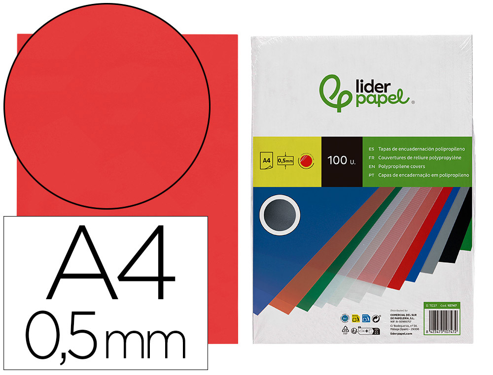 CAPA DE ENCADERNACAO LIDERPAPEL POLIPROPILENO DIN A4 0.5 MM VERMALHA TRANSLUCIDO PACK DE 100 UNIDADES