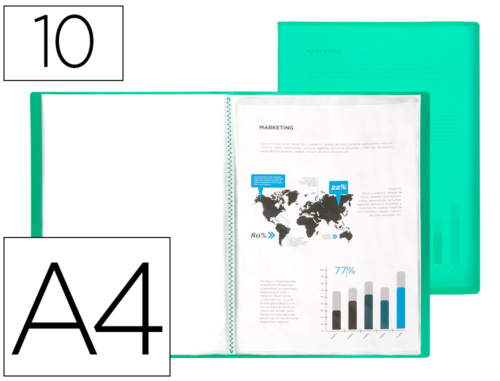 CAPA CATALOGO LIDERPAPEL 10 BOLSAS POLIPROPILENO DIN A4 VERDE TRANSLUCIDO