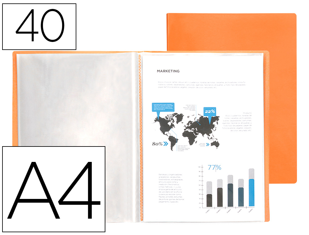 CAPA CATALOGO LIDERPAPEL 40 BOLSAS POLIPROPILENO DIN A4 LARANJA FLUOR OPACO