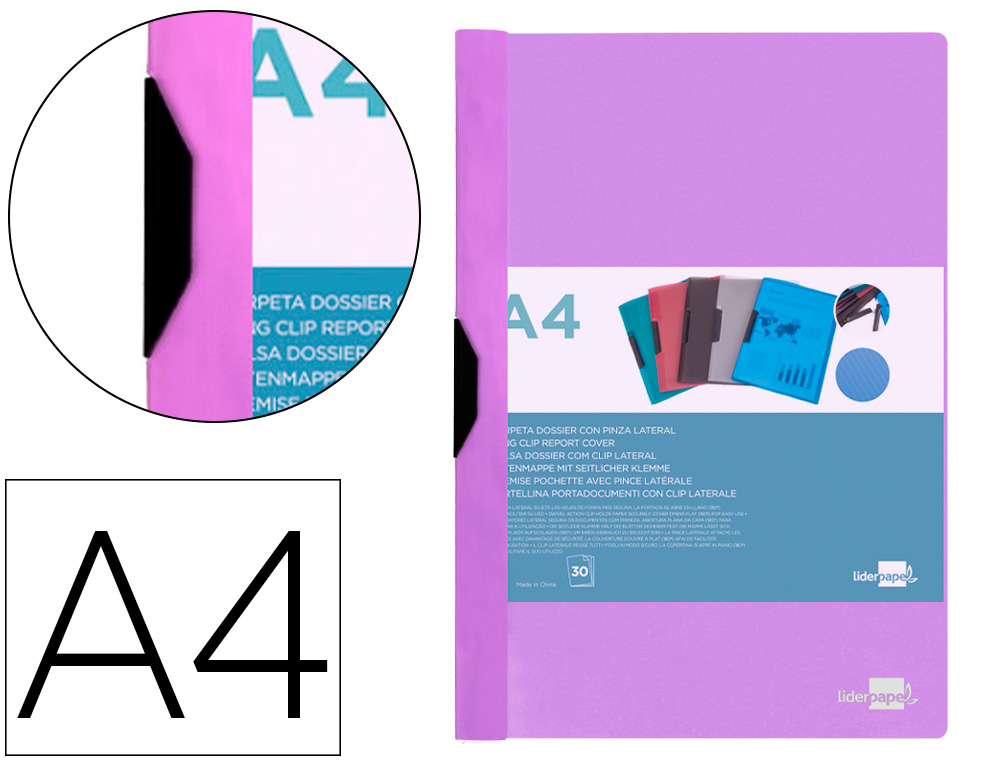 BOLSA DOSSIER LIDERPAPEL COM CLIP LATERAL DIN A4 LAVANDA OPACO 30 FOLHAS