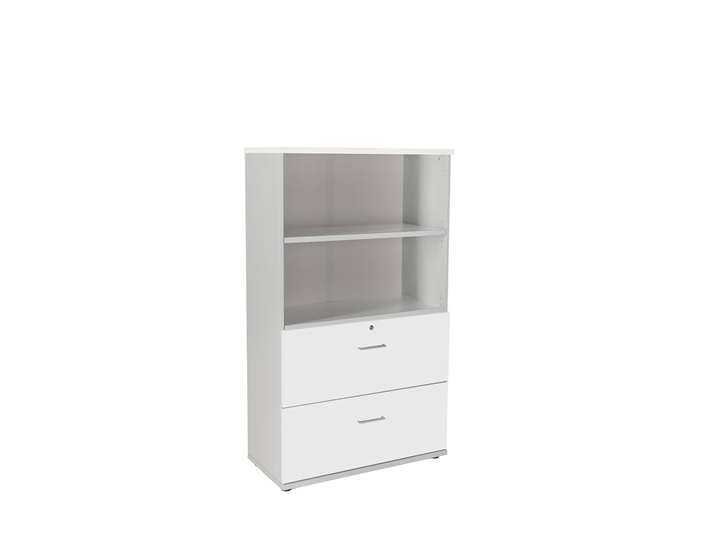 ARMARIO ROCADA COM DOIS ESTANTES E DOIS GAVETAS INFERIORES SERIE STORE 156X90X45 CM ACABAMENTO AB04 ALUMINIO/BRANCO