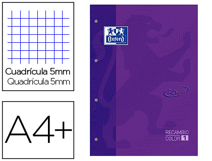 RECARGA COLOR 1 OXFORD DIN A4+ 80 FOLHAS 90 GR QUADRICULA 5 MM CAPA SUAVE 4 FUROS LILAS TOUCH