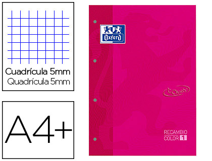 RECARGA COLOR 1 OXFORD DIN A4+ 80 FOLHAS 90 GR QUADRICULA 5 MM CAPA SUAVE 4 FUROS FUCSIA TOUCH