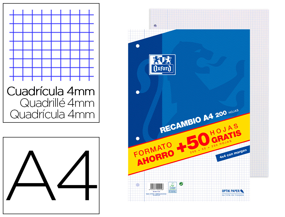 RECARGA OXFORD DIN A4 200 + 50 FOLHAS GRATIS QUADRICULA 4 MM COM MARGEM