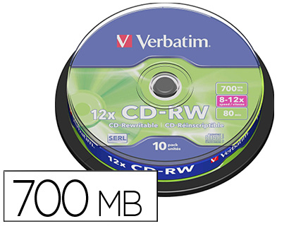 CD-RW VERBATIM SERL CAPACIDADE 700MB VELOCIDADE 12X 80 MIN TORRE DE 10 UNIDADES