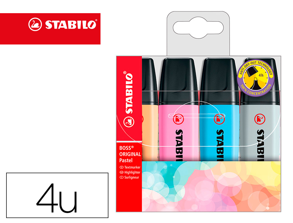 MARCADOR FLUORESCENTE STABILO BOSS 70 PASTEL ESTOJO DE 4 UNIDADES CORES SORTIDAS