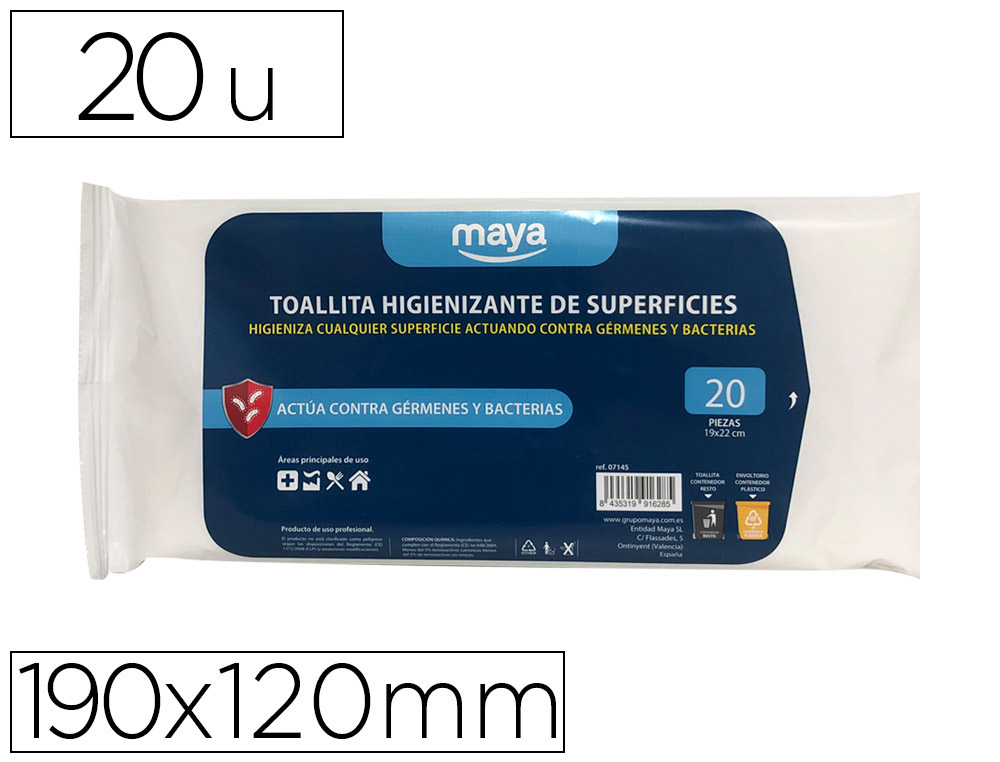 TOALHITA DESEMFECTANTE PARA SUPERFICIES MEDIDAS 190 X 120 MM PACK 20 UNIDADES