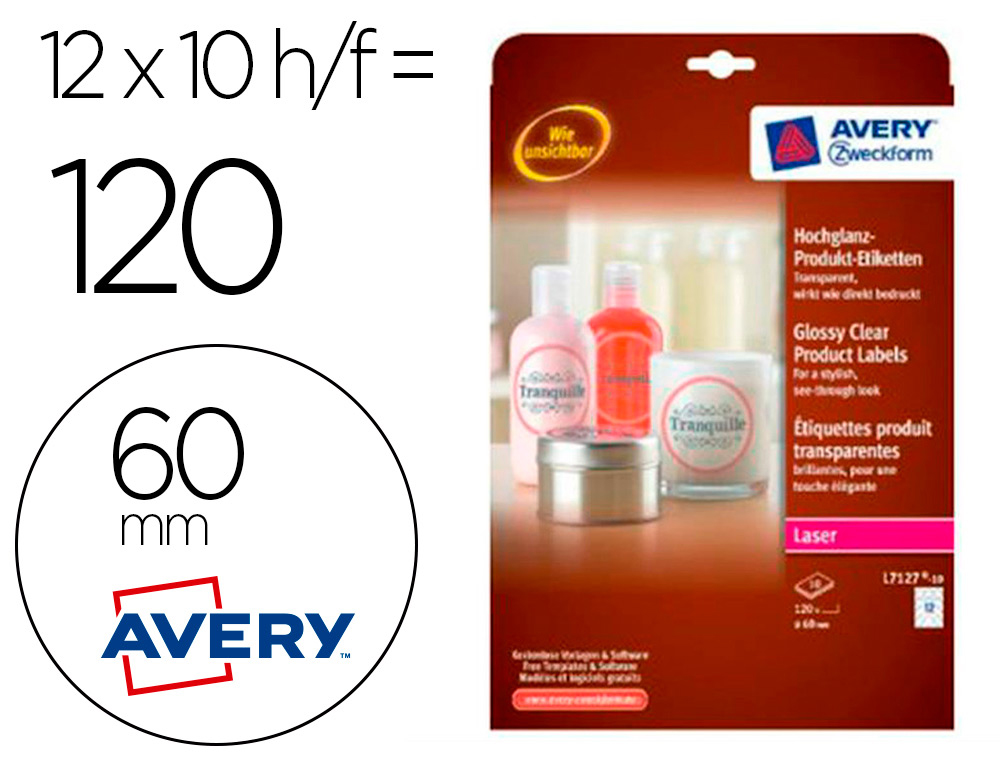 ETIQUETA ADESIVA AVERY BRILHANTE INVISIVEL REDONDA PARA IMPRESSORA LASER 60 MM CAIXA DE 120