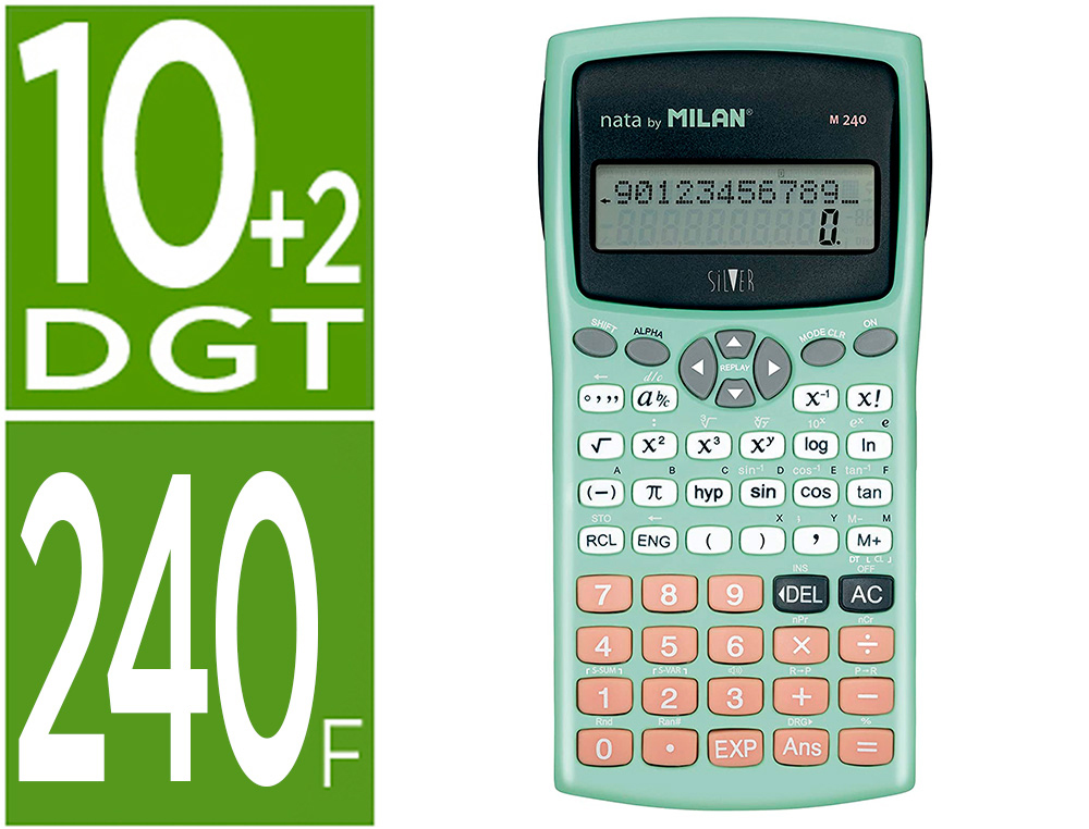 CALCULADORA MILAN CIENTIFICA M240 SILVER 2 LINHAS 240 FUNCOES 10+2 DIGITOS COR VERDE TURQUESA COM TAMPA COR PRATA