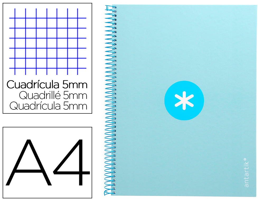 CADERNO ESPIRAL A4 MICRO ANTARTIK CAPA FORRADA 80F 90 GR QUADRICULA 5MM 1 BANDA 4 FUROS COR CELESTE