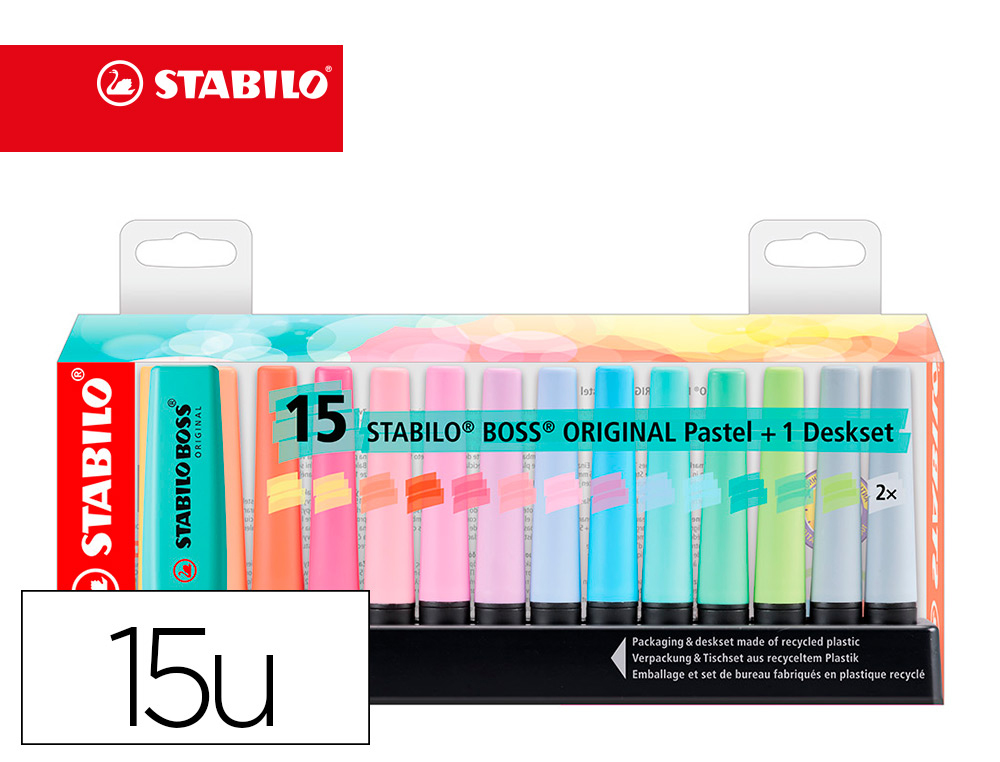 MARCADOR FLUORESCENTE STABILO BOSS 70 PASTEL DESKSET ESTOJO DE 15 UNIDADES CORES SORTIDAS