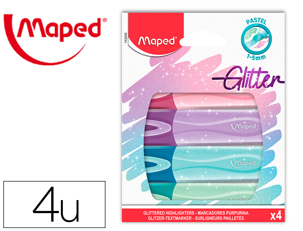 MARCADOR MAPED FLUORESCENTE PEPS PASTEL COM GLITTER ESTOJO DE 4 UNIDADES CORES SORTIDAS