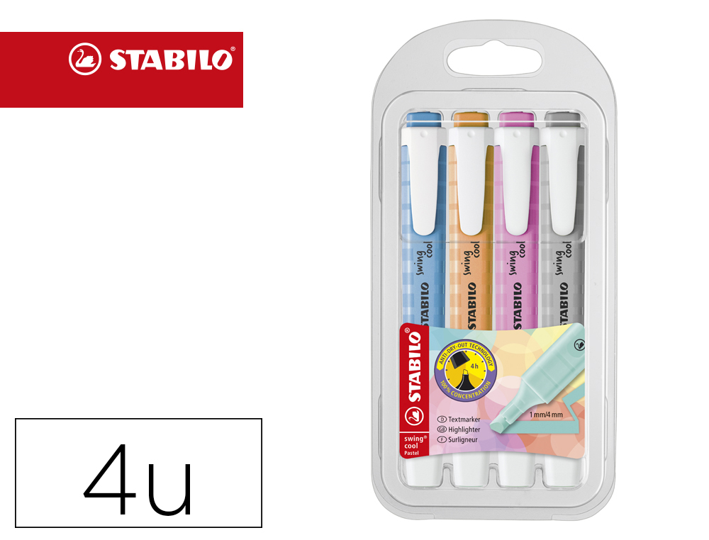 MARCADOR STABILO FLUORESCENTE SWING COOL PASTEL ESTOJO DE 4 UNIDADES CORES SORTIDAS