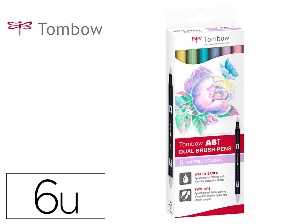 MARCADOR TOMBOW AGUARELAVEL DUPLA PONTA FINA/PINCEL CORES PASTEL CAIXA DE 6 UNIDADES CORES SORTIDAS