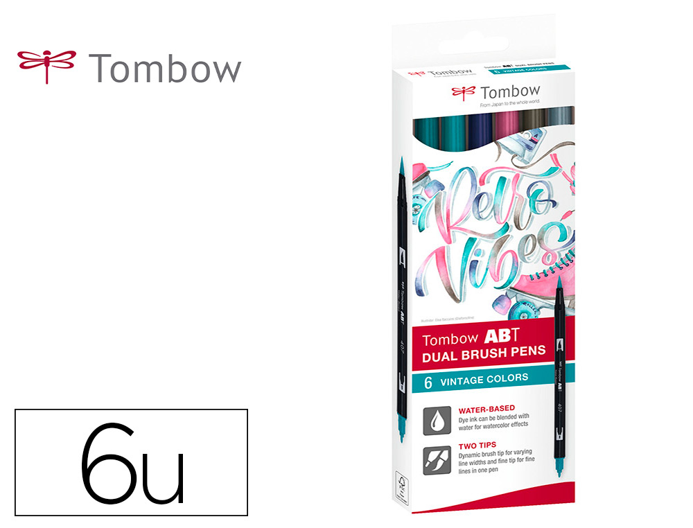 MARCADOR TOMBOW AGUARELAVEL DUPLA PONTA FINA/PINCEL CORES VINTAGE CAIXA DE 6 UNIDADES CORES SORTIDAS