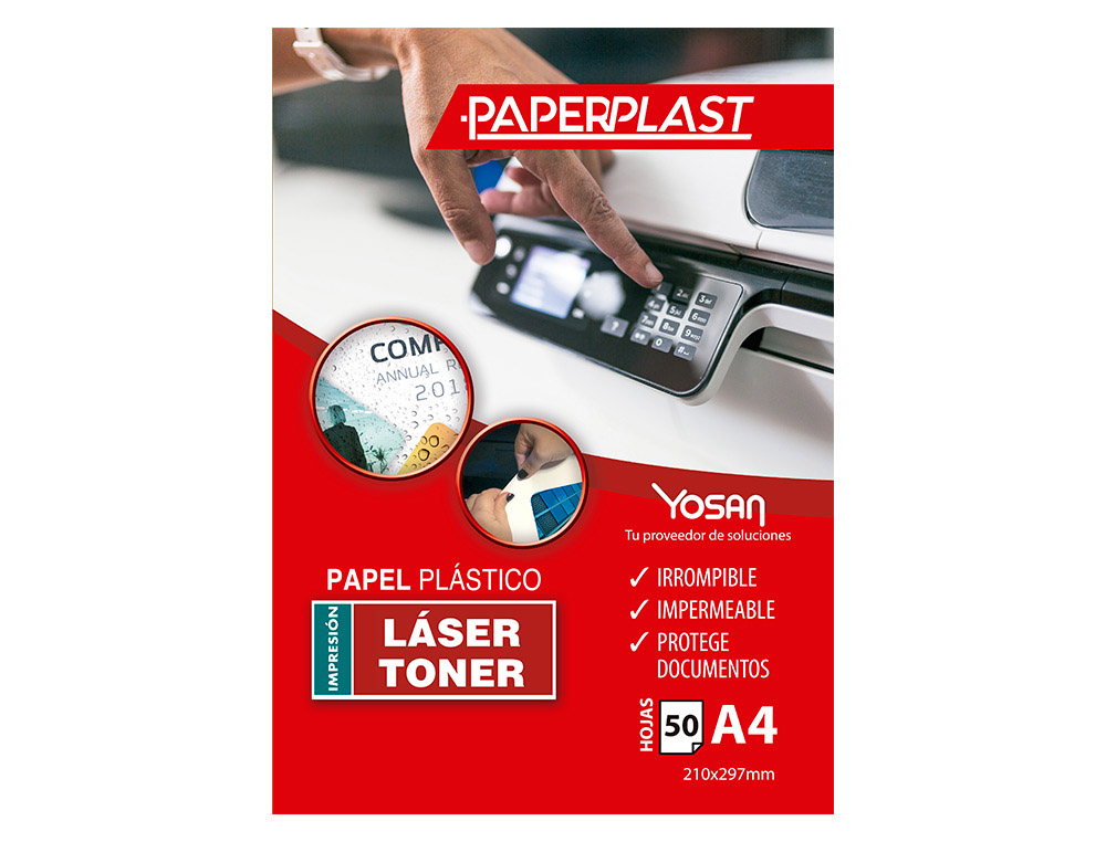 PAPEL PLASTICO YOSAN PAPERPLAST POLIESTER BRANCO BRILHO DIN A4 200 MC IMPRIMIVEL EMBALAGEM DE 50 UNIDADES