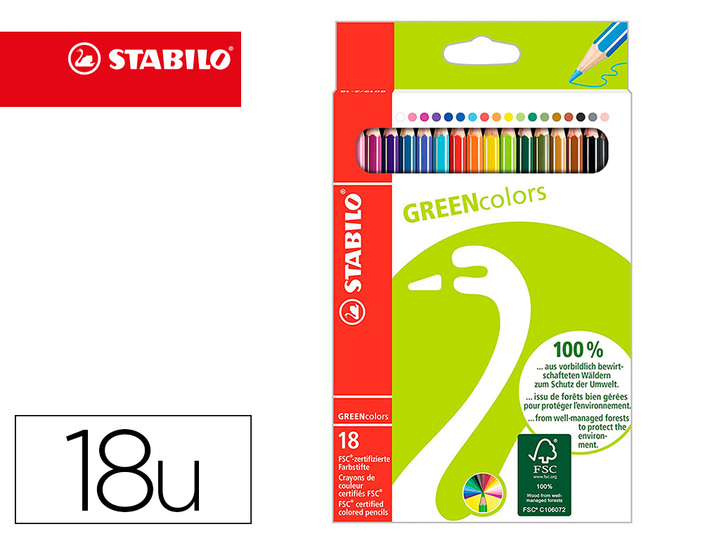 LAPIS DE COR STABILO GREEN COLORS COM CERTIFICADO FSC ESTOJO DE CARTAO DE 18 UNIDADES CORES SORTIDAS