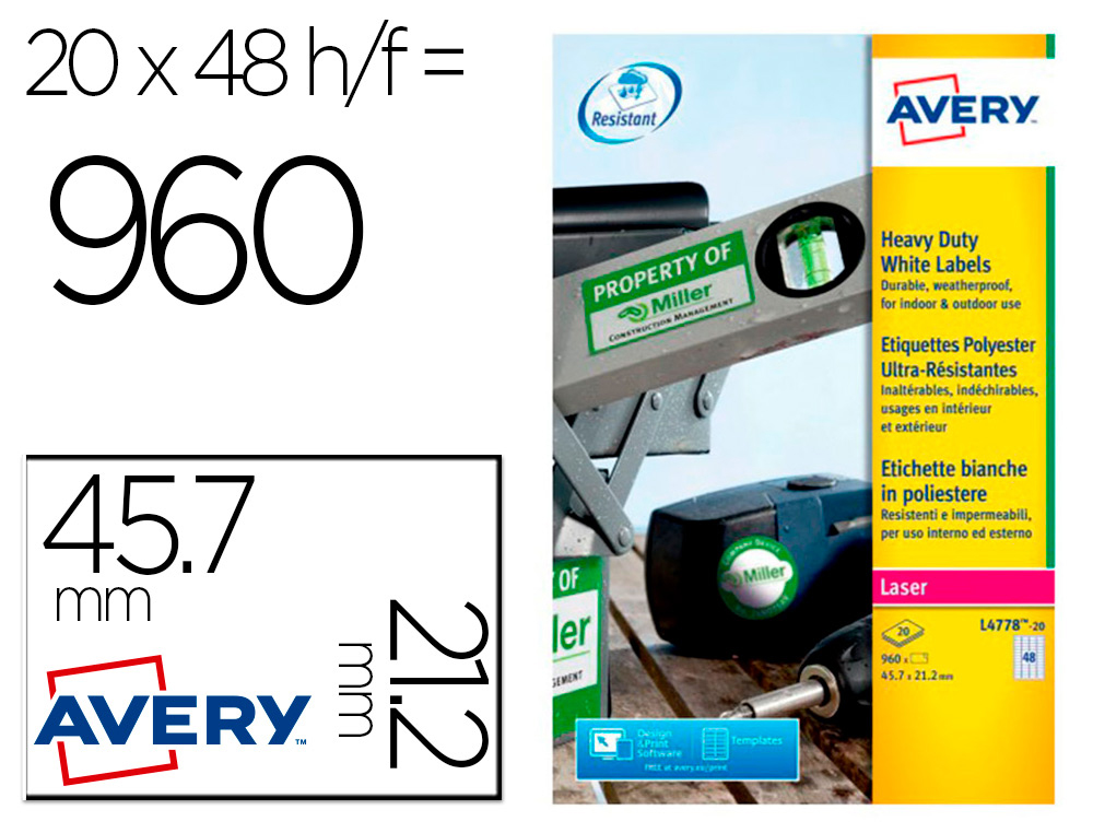 ETIQUETA ADESIVA AVERY POLIESTER BRANCO PARA IMPRESSORA LASER 45,7X21,2 MM CAIXA DE 960 UNIDADES