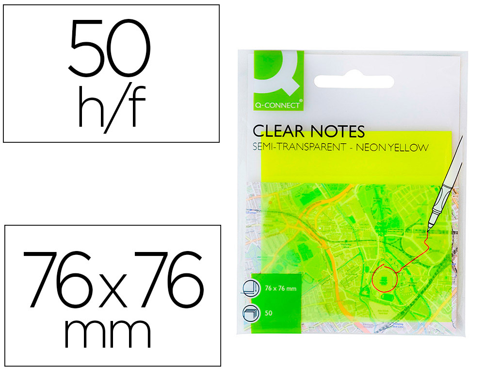 BLOCO DE NOTAS ADESIVAS Q-CONNECT REMOVIVEIS PLASTICO TRANSLUCIDO AMARELO NEON COM 50 FOLHAS 76X76 MM