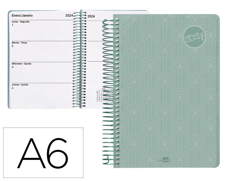 AGENDA ESPIRAL LIDERPAPEL CLASSIC A6 2024 SEMANA VISTA CAPA POLIPROPILENO PAPEL 70 GR COR VERDE