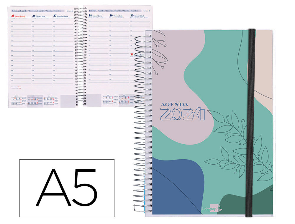 AGENDA ESPIRAL LIDERPAPEL TINOS A5 2024 SEMANA VISTA CAPA POLIPROPILENO PERSONALIZAVEL PAPEL 70 GR