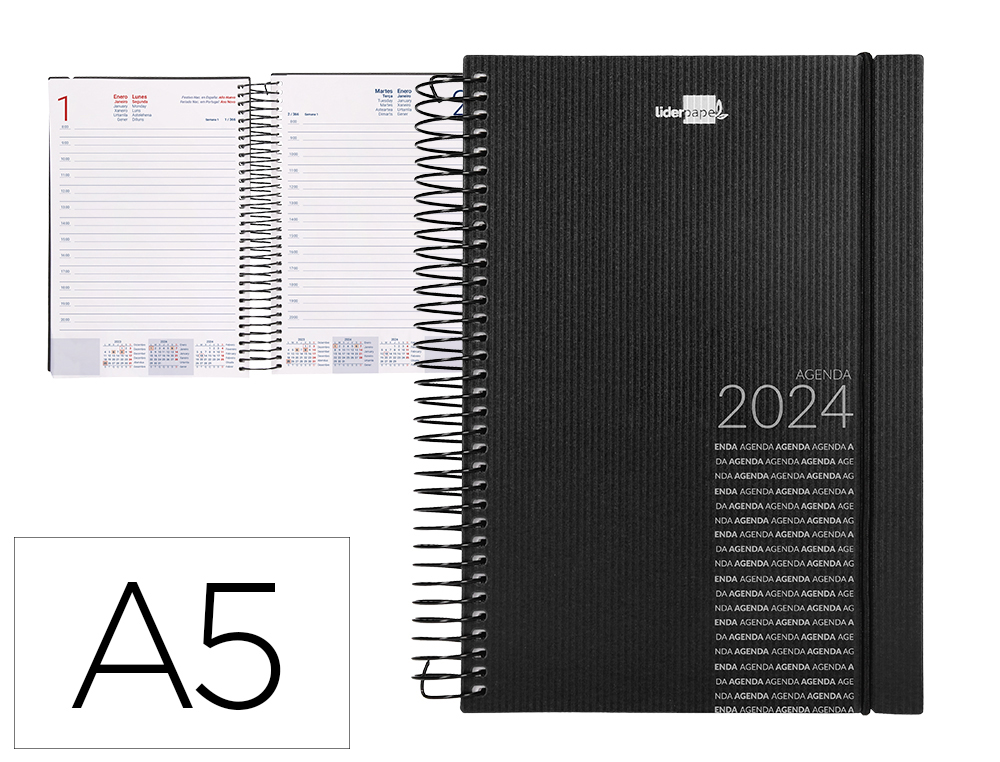 AGENDA ESPIRAL LIDERPAPEL OLBIA 15X21 CM 2024 DIA PAGINA CAPA POLIPROPILENO PAPEL 60 GR METALIZADA PRETO