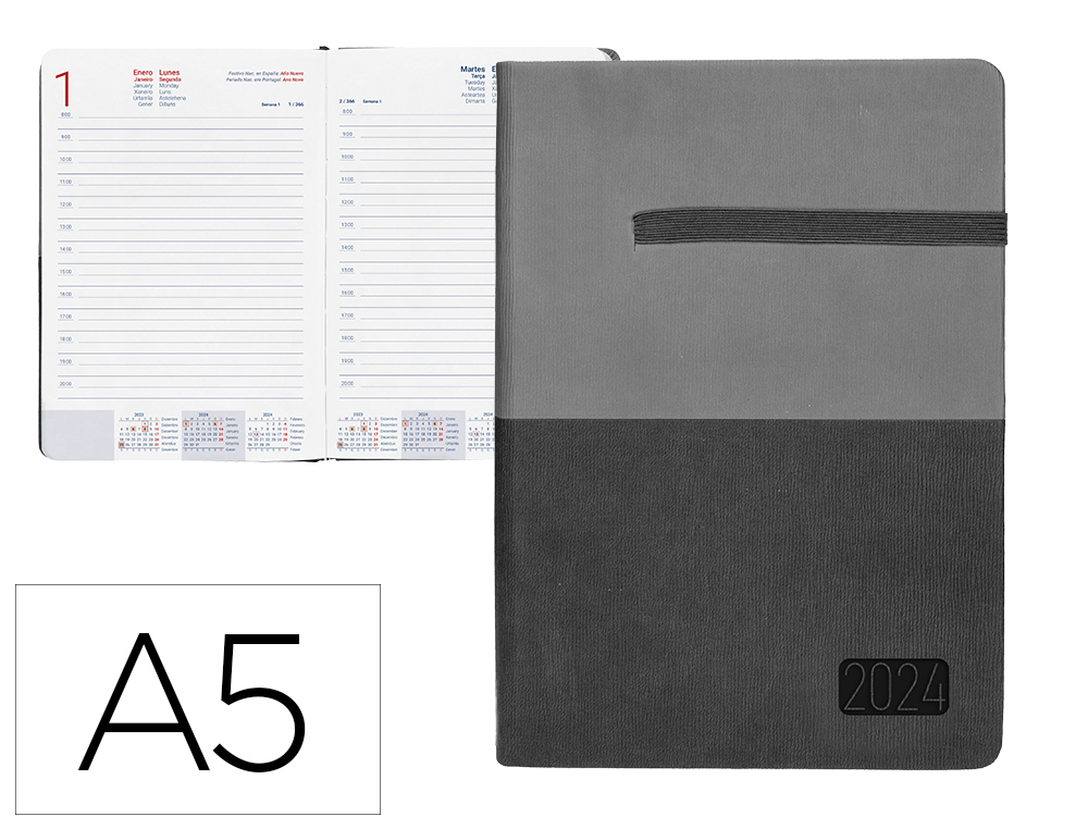 AGENDA ENCADERNADA LIDERPAPEL LEONTIO A5 2024 DIA PAGINA PAPEL 70GR COR CINZA