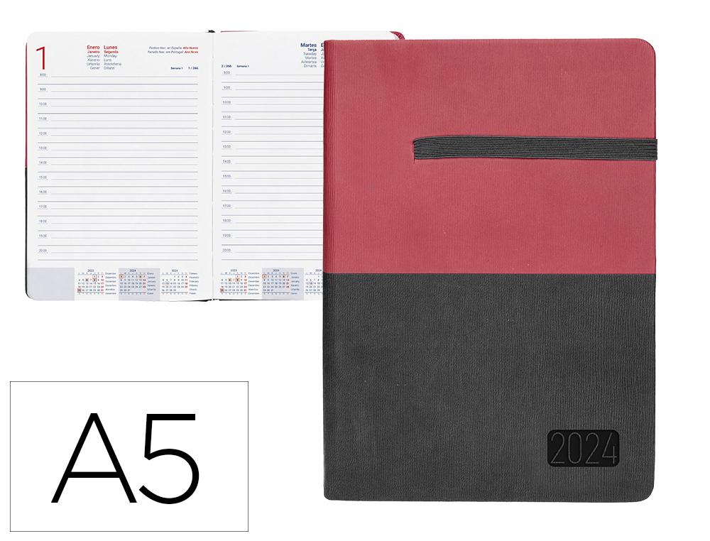 AGENDA ENCADERNADA LIDERPAPEL LEONTIO A5 2024 DIA PAGINA PAPEL 70 GR CINZA E VERMELHO