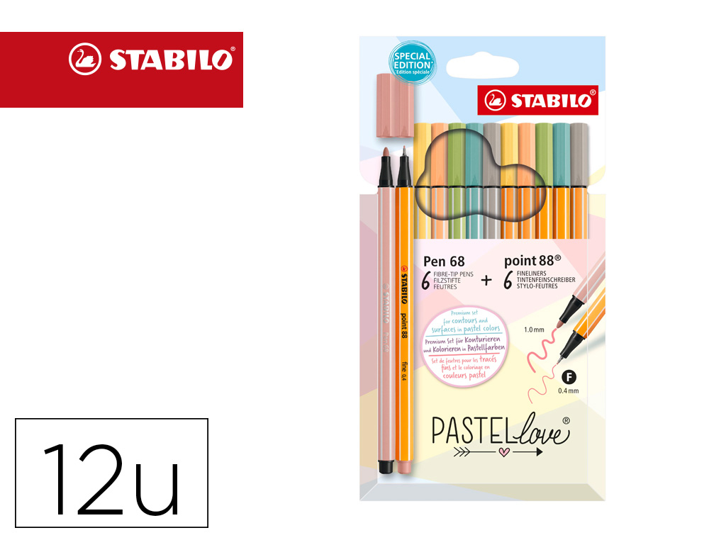 MARCADOR STABILO PONTA DE FIBRA POINT 88 + PEN 68 PASTEL LOVE ESTOJO DE CARTAO DE 12 CORES SORTIDAS