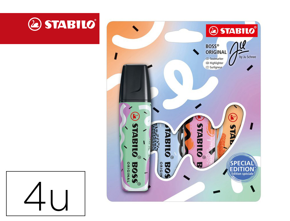 MARCADOR STABILO BOSS FLUORESCENTE ORIGINAL PASTEL BY JU SCHNEE ESTOJO DE 4 CORES SORTIDAS