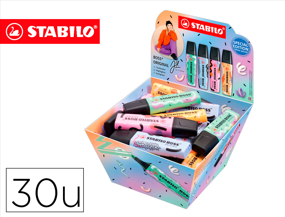 MARCADOR FLUORESCENTE STABILO BOSS ORIGINAL PASTEL BY JU SCHNEE EXPOSITOR BOIAO DE 30 UNIDADES CORES SORTIDAS