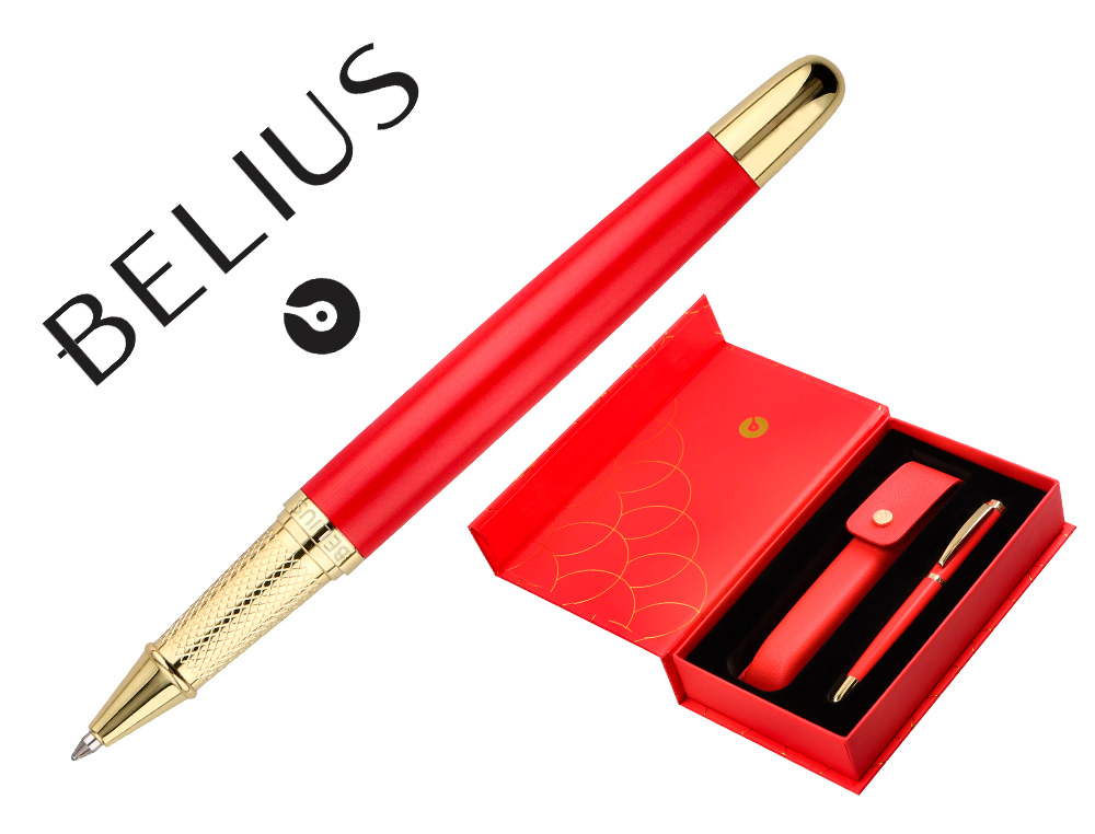 ESFEROGRAFICA E ESTOJO COURO BELIUS PASSION DOR ALUMINIO TEXTURA ESCOVADO VERMELHO E DOURADO TINTA AZUL CAIXA DESIGN