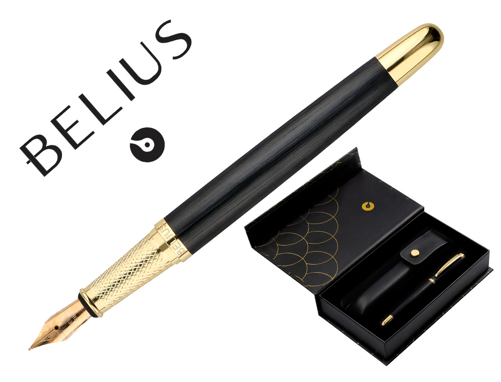CANETA E ESTOJO COURO BELIUS PASSION DOR ALUMINIO TEXTURA ESCOVADO PRETO E DOURADO TINTA AZUL CAIXA DESIGN
