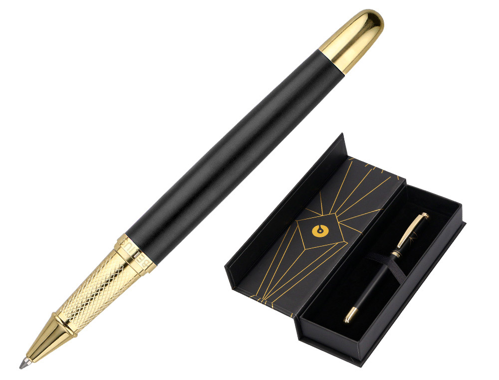 ESFEROGRAFICA BELIUS SOIREE ALUMINIO DESENHO ART DECO PRETO E DOURADO TINTA AZUL CAIXA DESIGN