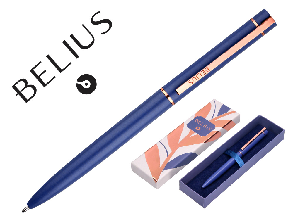 ESFEROGRAFICA BELIUS ROSE ALUMINIO DESENHO AZUL ELETRICO OURO ROSA TINTA AZUL CAIXA DESIGN