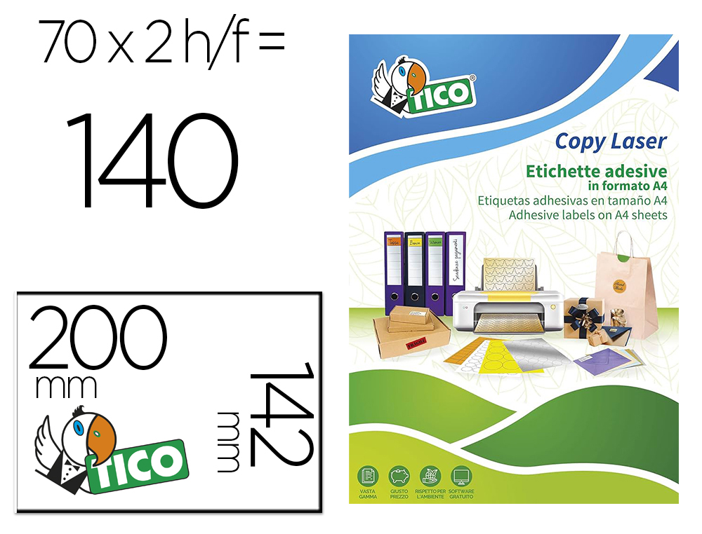 ETIQUETA ADESIVA TICO VERDE FLUOR PERMANENTE CERTIFICADO FSC LASER/JATO TINTA/FOTOCOPIA 200X142 MM CAIXA 140 UDS
