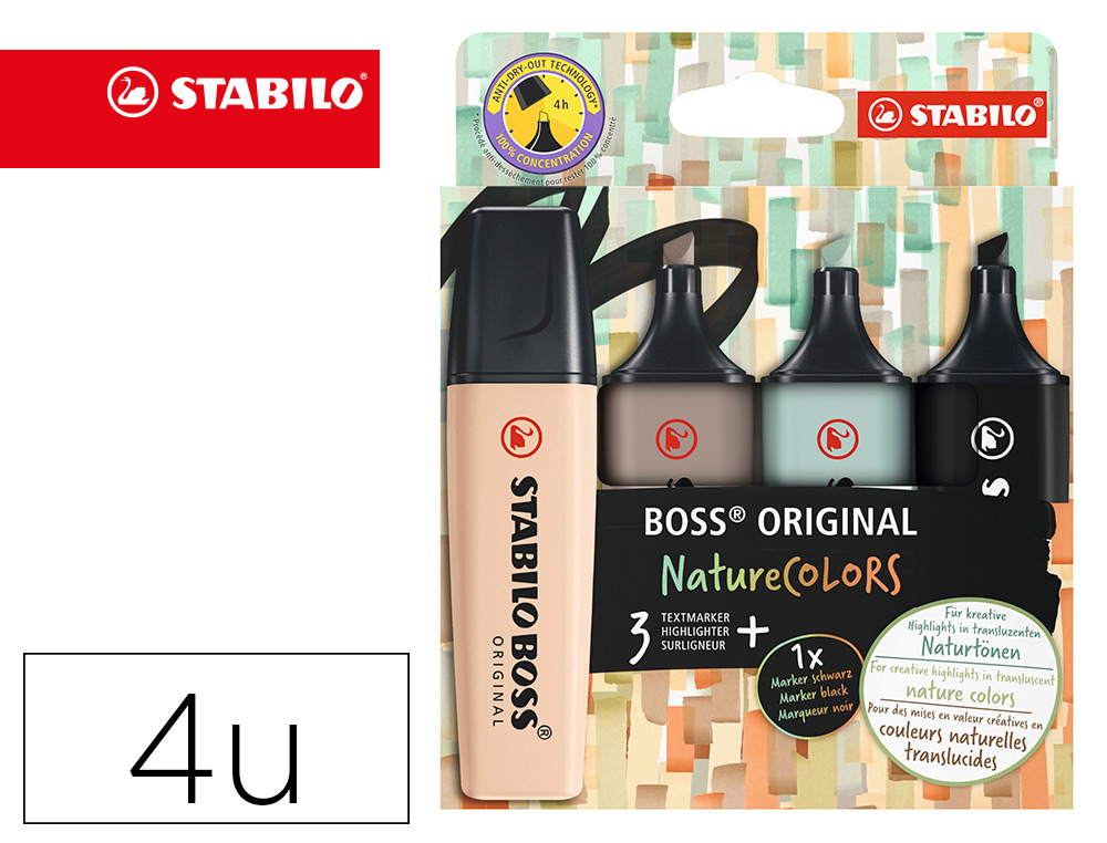 MARCADOR FLUORESCENTE STABILO BOSS PASTEL 70 NATURE COLORS ESTOJO DE 4 UNIDADES CORES SORTIDAS
