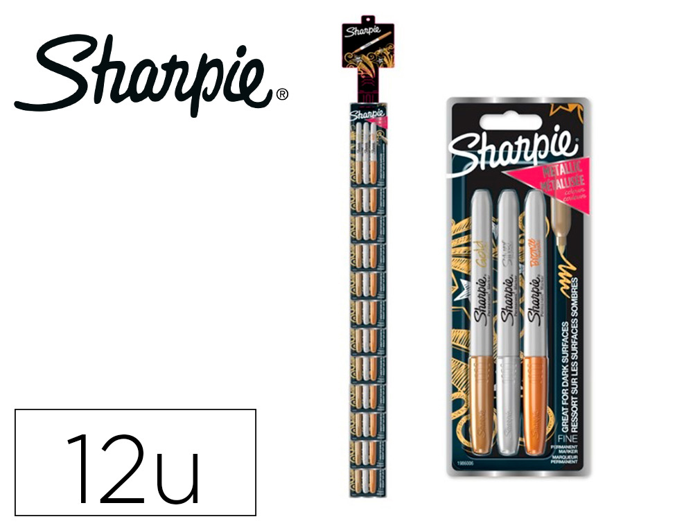 MARCADOR SHARPIE PERMANENTE FINO METALICO BLISTER DE 3 UNIDADES OURO/PRATA/BRONZE CLIPSTRIP DE 12 BLISTER