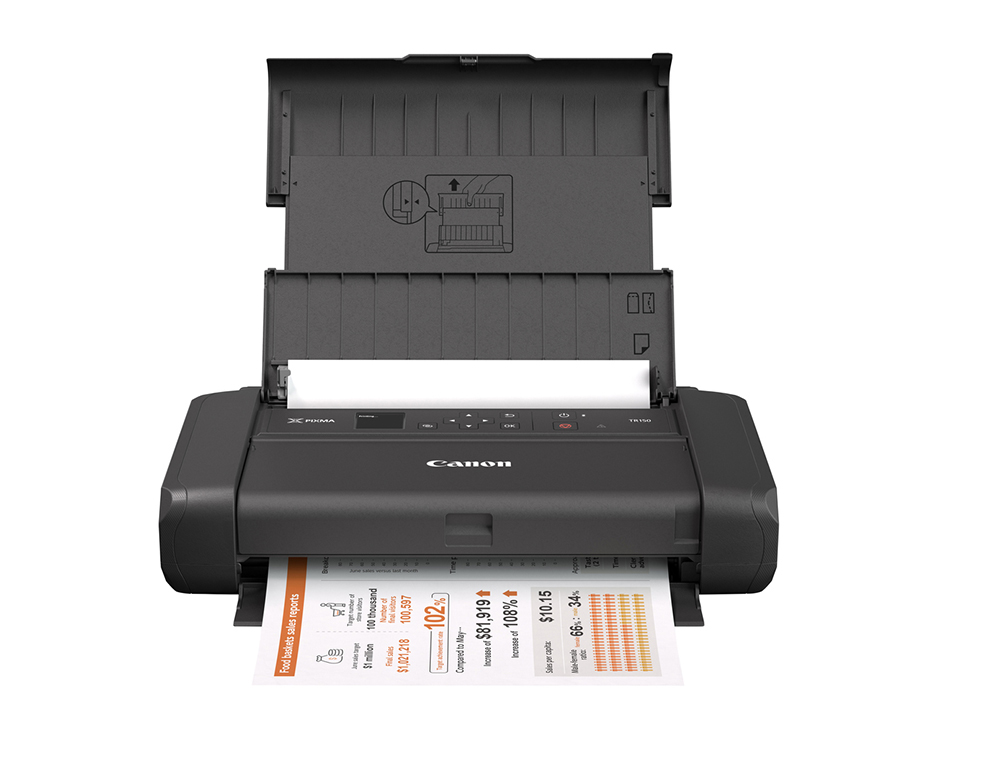 IMPRESSORA CANON PIXMA TR150 TINTA COR 9 PPM PRETO/5 PPM COR 20X25 CM WIFI BANDEJA ENTRADA 50 FOLHAS COM BATERIA