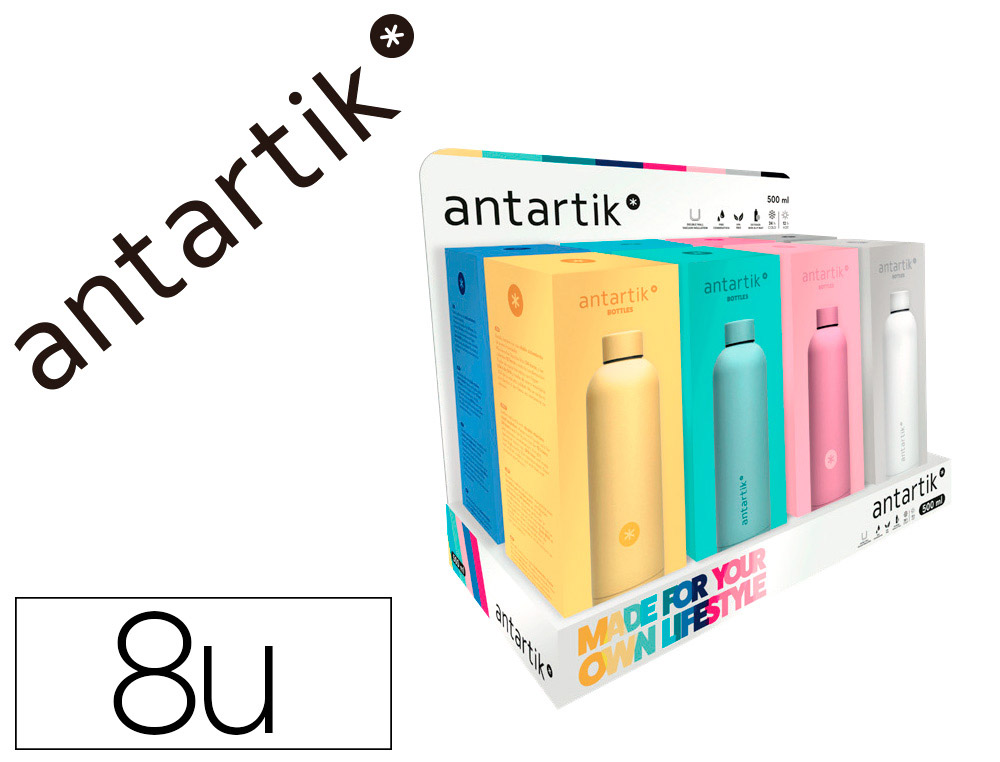 GARRAFA ANTARTIK ISOTERMICA EXPOSITOR 8 UDS CORES SORTIDAS ACO INOXIDAVEL LIVRE DE BPA 500 ML