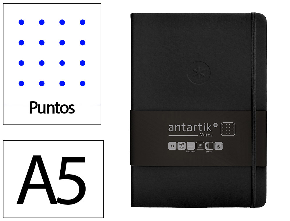 CADERNO COM ELASTICO ANTARTIK NOTES CAPA DURA A5 PONTILHADO PRETO 100 FOLHAS 80 GR FSC