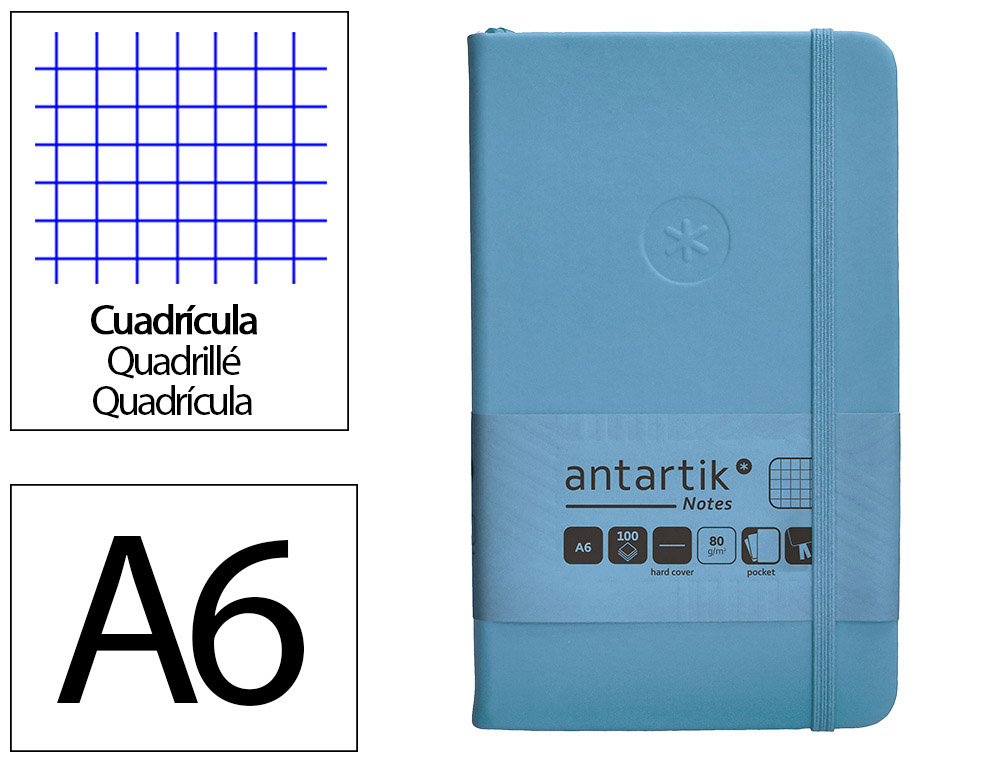 CADERNO COM ELASTICO ANTARTIK NOTES CAPA DURA A6 QUADRICULADO AZUL CLARO 100 FOLHAS 80 GR FSC