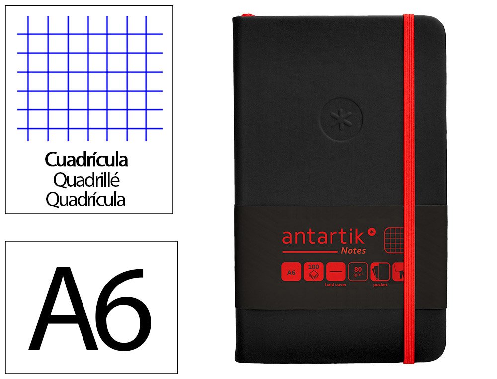 CADERNO COM ELASTICO ANTARTIK NOTES CAPA DURA A6 QUADRICULADO PRETO E VERMELHO 100 FOLHAS 80 GR FSC