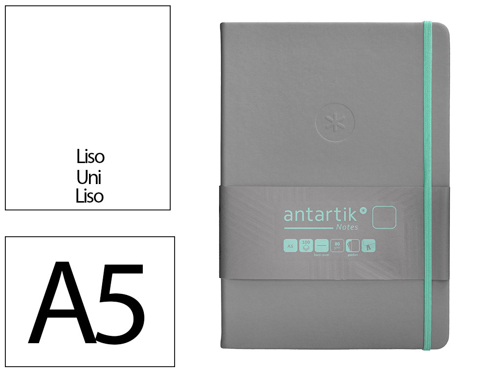 CADERNO COM ELASTICO ANTARTIK NOTES CAPA DURA A5 LISO CINZA E TURQUESA 100 FOLHAS 80 GR FSC