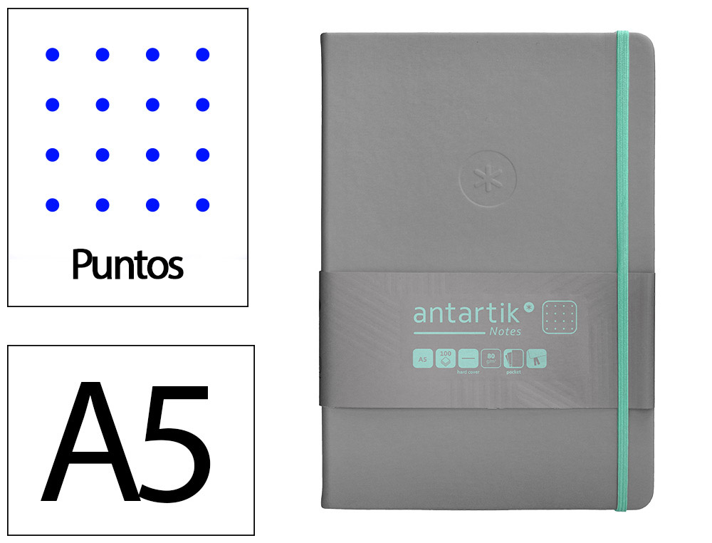 CADERNO COM ELASTICO ANTARTIK NOTES CAPA DURA A5 PONTILHADO CINZA E TURQUESA 100 FOLHAS 80 GR FSC