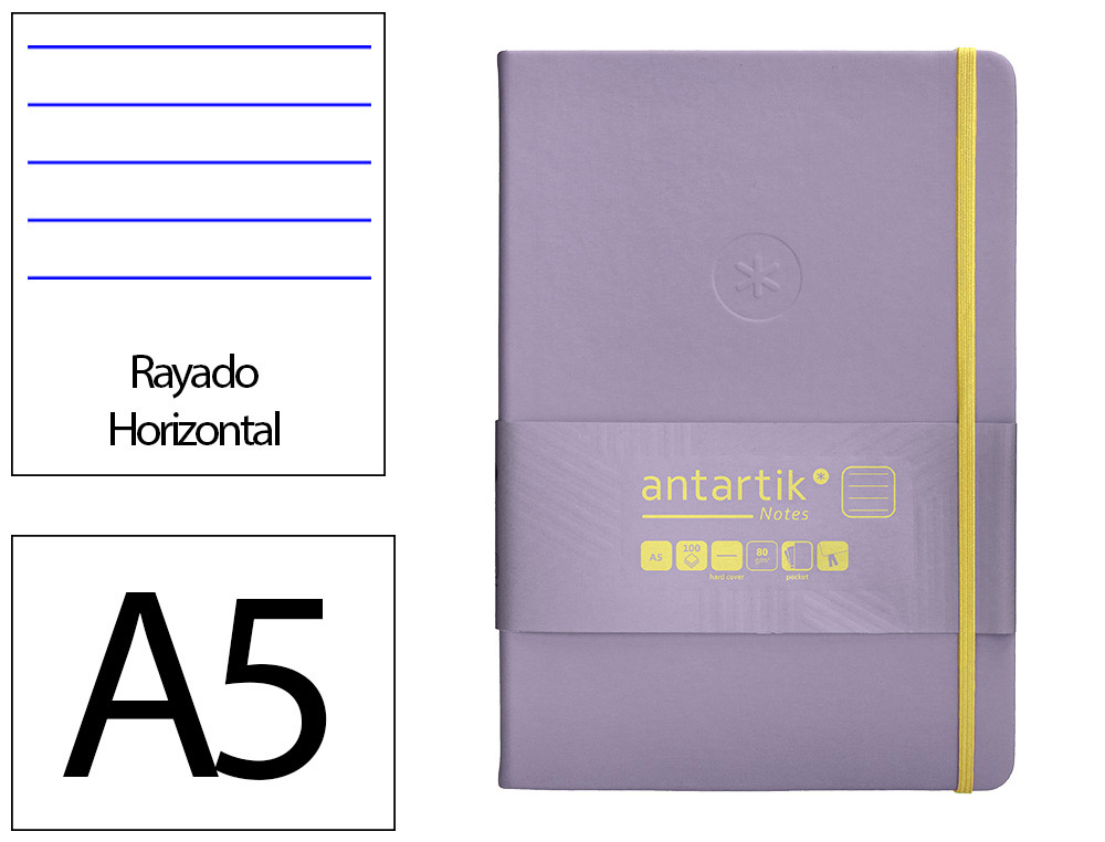 CADERNO COM ELASTICO ANTARTIK NOTES CAPA DURA A5 PAUTADO ROXO E AMARELO 100 FOLHAS 80 GR FSC
